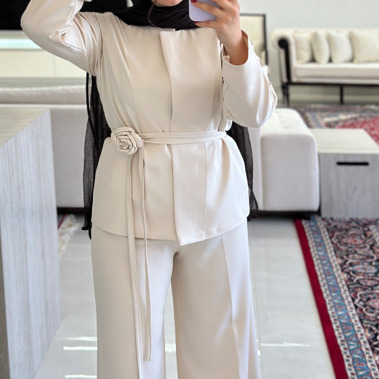 ست کت شلوار زنانه رز با کمربند کرپ مازراتی